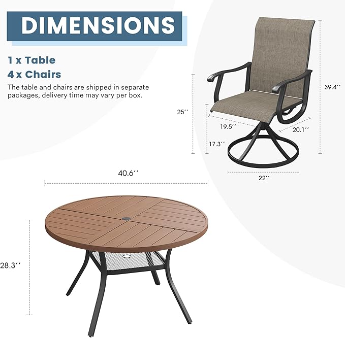 DIFY 5 Pieces Outdoor Patio Dining Set, 4 Brown Textilene Swivel Dining Chairs and 40.6" Walnut Round Metal Dining Table, Outdoor Table and Chairs