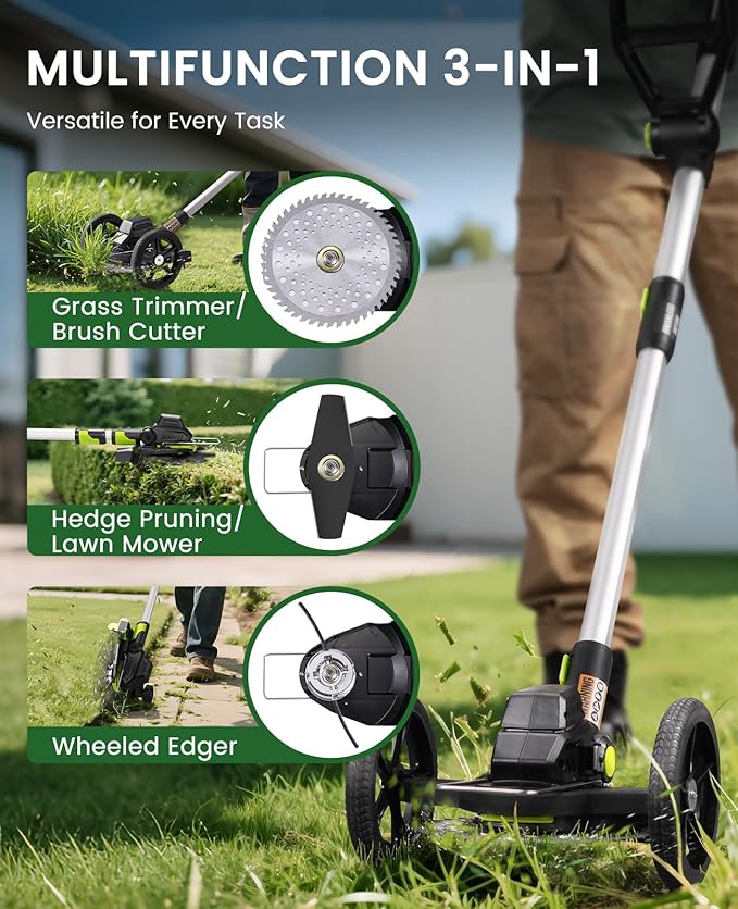Electric Weed Wacker Cordless with Wheel, Brushless Grass Trimmer with 21V 4.0Ah Battery and Fast Charger, 3 Types of Blades String Trimmer, Weed Eater Battery Powered, Grass Cutter Machine