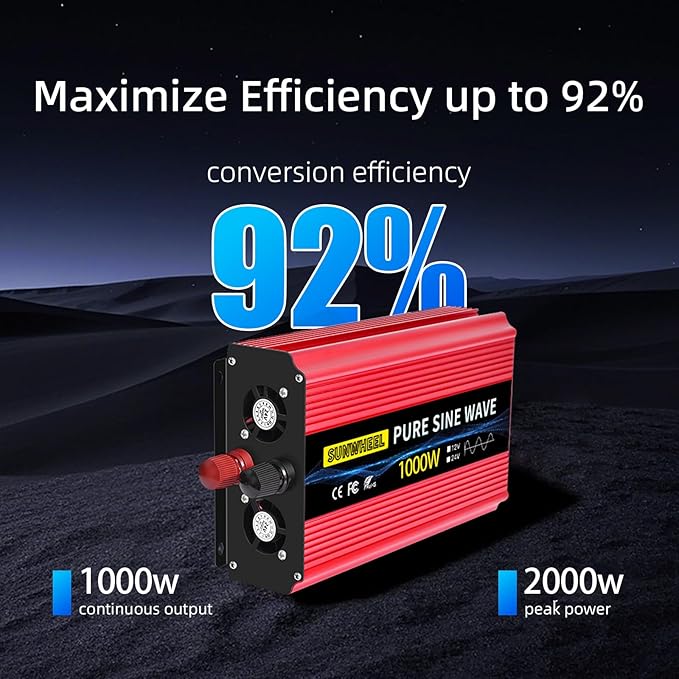 SUNWHEEL 1000W 24V Pure Sine Wave Inverter, 24V DC to 110V/120V AC Power Inverter for RV、Off Grid、Truck、Power Outage with 2 AC outlets and LCD Display