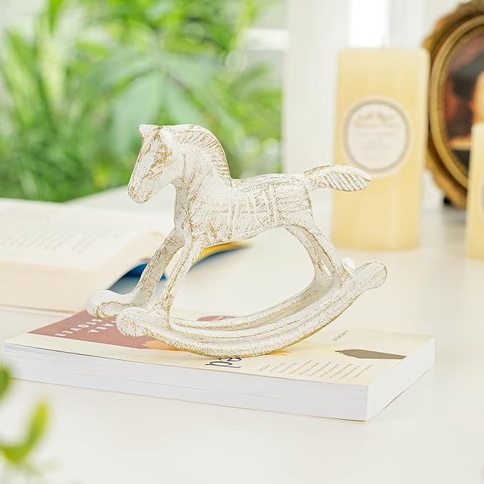 Sungmor Cast Iron Rocking Horse Statue, Home Office Desk Ornament, Vintage Collectible Figurine Decorative Paperweight, Rustic White Small Horse Nostalgia Christmas Decor