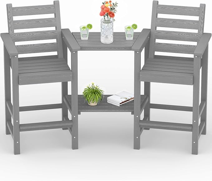 Tall Adirondack Chairs Set of 2, All Weather HDPE Poly Bar Height Balcony Adirondack Chair with Removable Double Connecting Trays, Outdoor Adirondack Barstools for Deck, Patio, Yard, Pool, Lawn