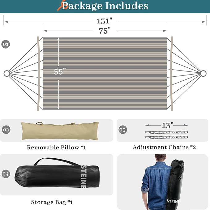 Double Hammock, 11 FT Quilted Fabric 2 Person Hammock for Outside with Pillow, Folding Curved Spreader Bar, Chains, Carrying Bag, Indoor Outdoor, 450 IB Capacity, JeansBlue