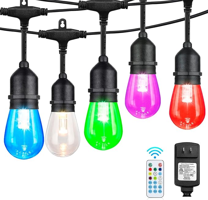 Auroraworld 48FT RGB Outdoor String Lights, Dimmable Color Changing Waterproof LED Patio Lights with Remote, 15 Shatterproof Bulbs for Porch Balcony Garden Party Decor