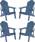 LUE BONA HDPE Adirondack Chairs Set of 4,Plastic Adirondack Chairs with Cup Holder Weather Resistant for Outdoor, Patio, Lawn, Garden, Backyard Deck, Fire Pit, Blue