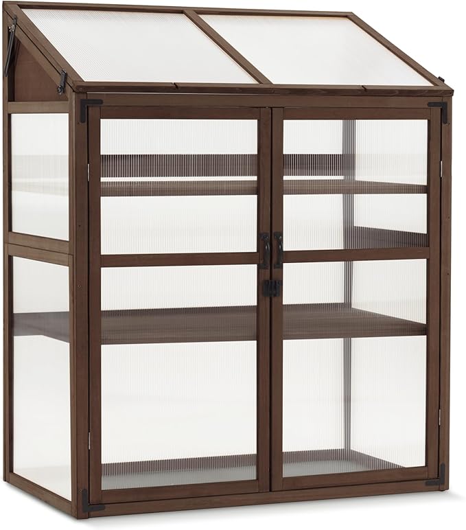 Macrout Cold Frame Greenhouse, Large Wooden Greenhouse Cabinet, Garden Cold Frame with Adjustable Shelves for Outdoor Indoor Use, 1344 (Brown)