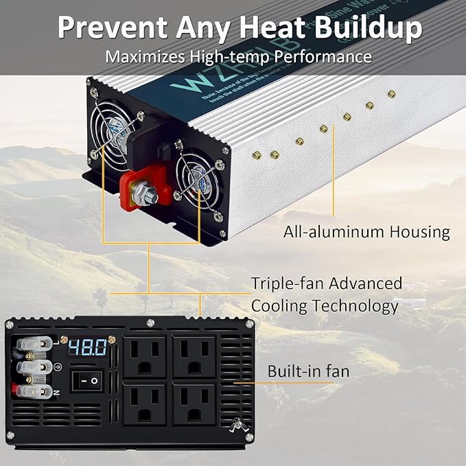 WZRELB 5000W Pure Sine Wave Inverter 24V DC to 110V 120V AC Power Converter with LED Display, Hardwire Terminal,Off-Grid Portable Power Inverter with 4 AC Outlets for Home, RV, Truck, Camping