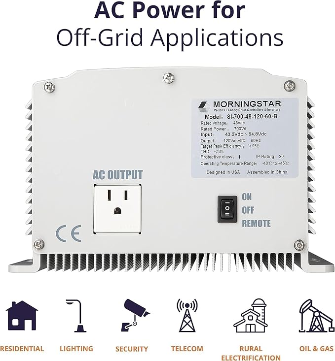 Morningstar SureSine 700W Pure Sine Wave Off-Grid Inverter - 48VDC, 120VAC, 60Hz, Type B AC Terminals (SI-700-48-120-60-B) - DC to AC Converter, Solar/Non-Solar Systems, Bluetooth Mobile Apps