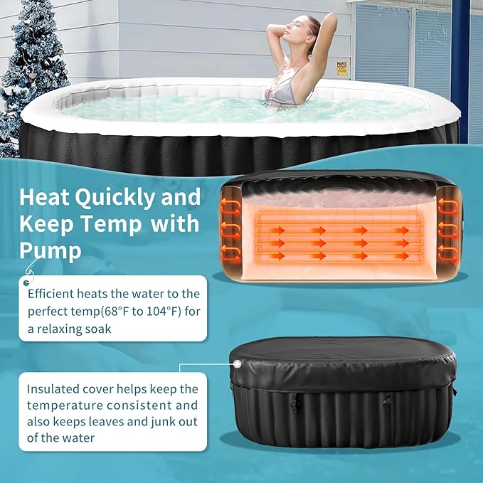 2 Person Oval Inflatable Hot Tub, 100 Air Jets, 145 Gal, Black, PVC, Oval Shape, 75' L X 47'W X 25'H