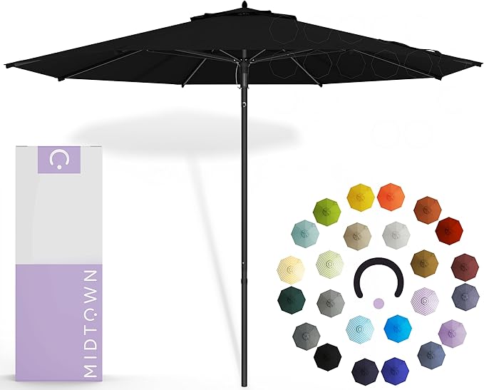 Midtown Umbrellas Push and Pop 10 Feet Outdoor Umbrella, Ebony (Black) Polyester Fabric - Fiberglass Ribs Deck Patio Umbrella, Backyard Umbrella, Garden Umbrella & Pool Umbrella - Black Pole