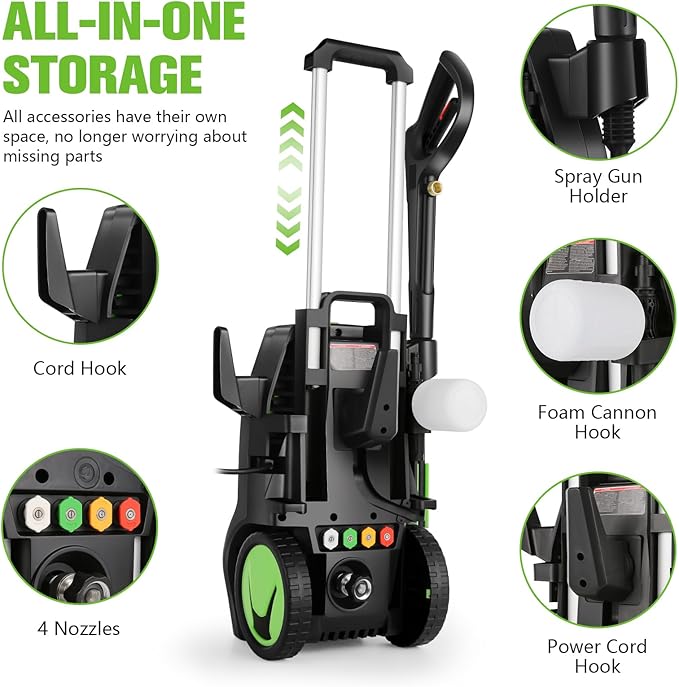 5000PSI 4.0GPM Heavy Duty Power Cleaner with 33 FT Extension Hose, 4 Quick Connect Nozzles and Foam Cannon for Cars/Fences/Driveways/Patios/Home Cleaning, Green
