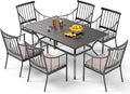 PHI VILLA 7 Piece Outdoor Dining Set with Cushion, 60” Rectangular Metal Dining Table with Umbrella Hole & 6 Cushioned Iron Chairs for Patio, Deck, Yard