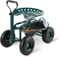 Garden Cart with Seat Outdoor Gardening Carts Heavy Duty Rolling Garden Stools Scooter with Handle and Storage for Seniors, Green