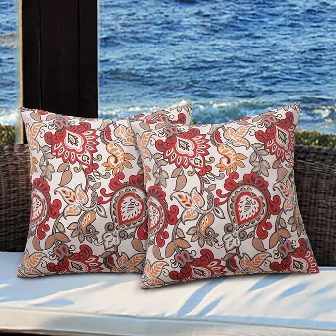 Magpie Fabrics Pack of 2 Outdoor Waterproof Throw Pillow Covers 18 x 18 Inch, Christmas Decorative Cushion Sham Pillowcase Shell for Garden Patio Tent Balcony Couch Sofa(Floral Red Orange)