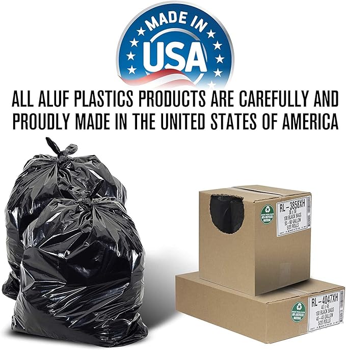 Aluf Plastics 55-60 Gallon Trash Liners - (Value 100 Pack) - 1 MIL Strength Black Plastic Garbage Bags 38"x 58" for 50-55 Gal Cans - Fits Toter, Rubbermaid Brute, Carlislie Bronco etc. (RL-3858H)