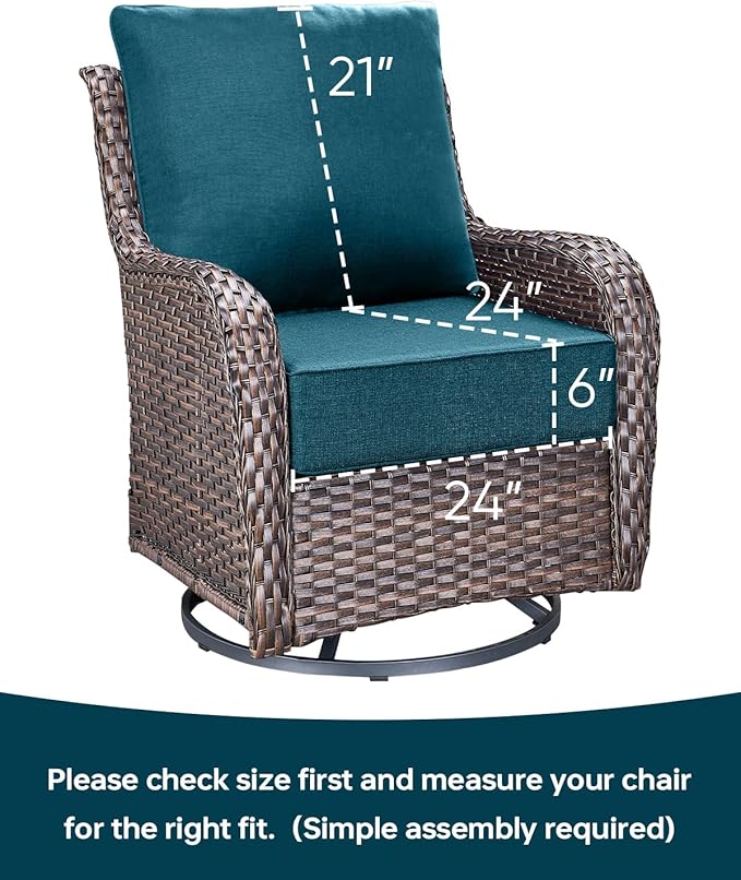 Luxury 24x24x6 Inch Outdoor Cushions - Water&UV&Fade Resistant 1 Set Patio Back&Seat Cushion for Wicker Dining Rocking Swivel Chairs Loveseat Couch Sectional Sofa - Peacock Blue