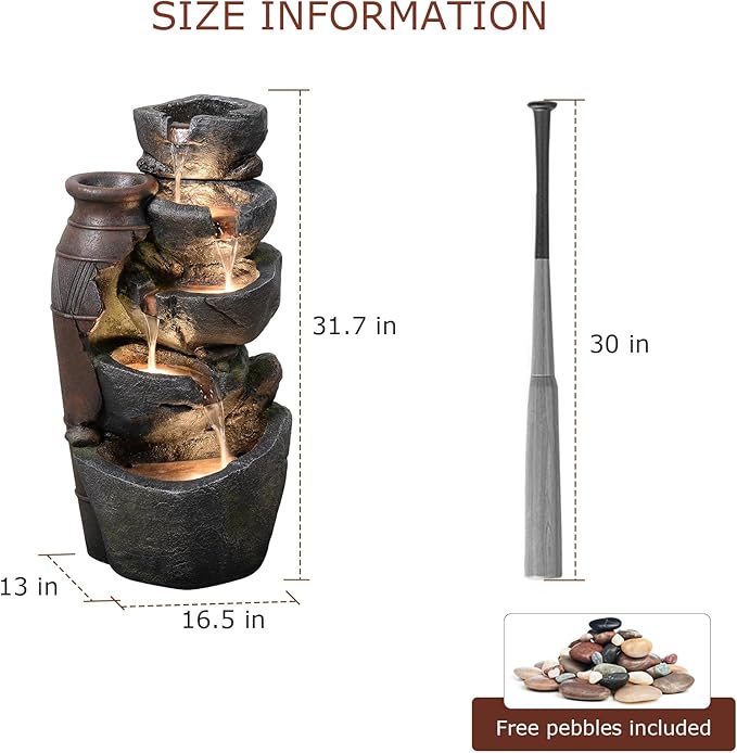 5 Tiered Rock Water Fountain Outdoor with Vintage Jar, Cascading Waterfall Fountain with LED Lights, Outdoor Fountains for Garden or Patio, Yard, and Deck Decor, 16.5" L x 12.6" W x 31.7" H