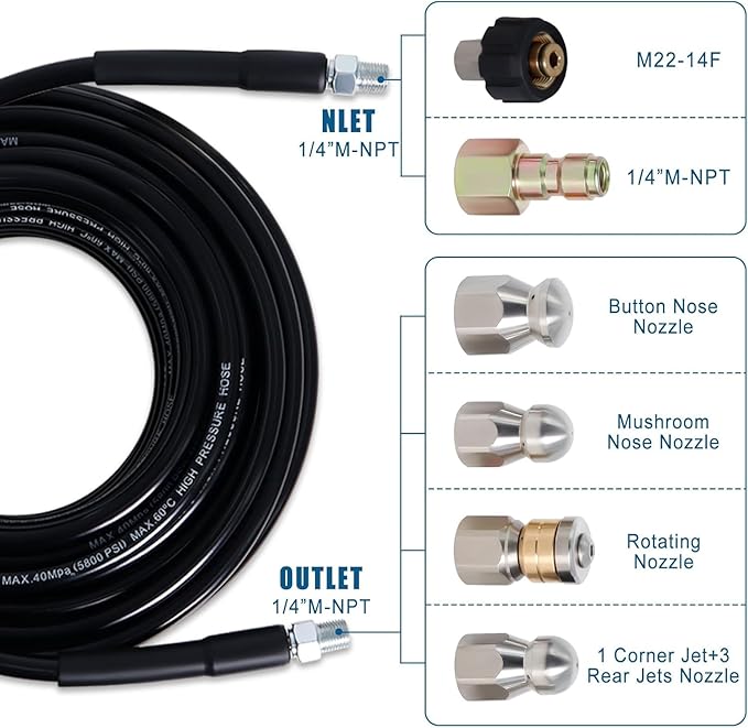 150FT Sewer Jetter Kit for Pressure Washer, 5800PSI Water Jet Durable Drain Cleaner Hose 1/4 Inch NPT Corner with 4 Specialized Nozzles，Waterproof Tape, Pearl Corsage Pin, Handle Strap & 2 Spanners
