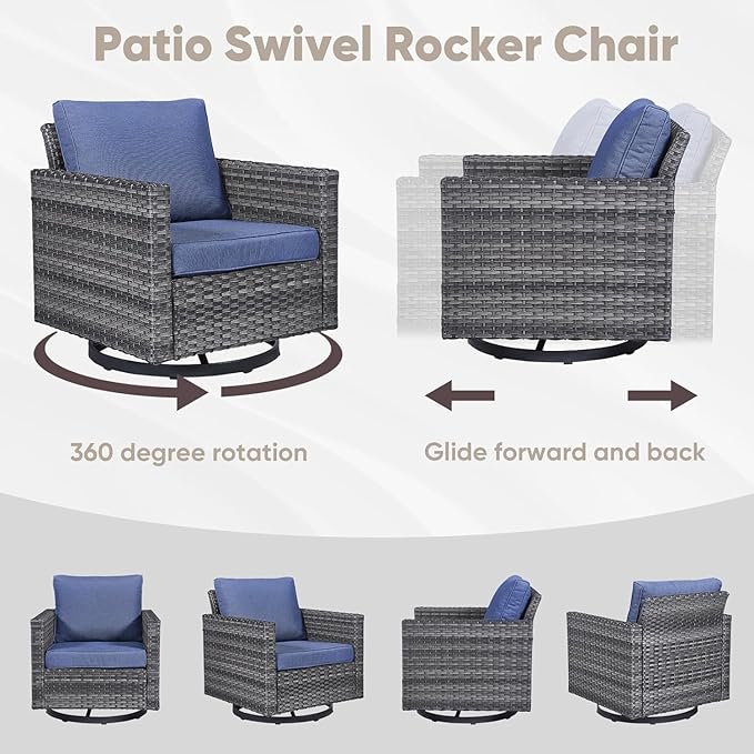 Wicker Patio Furniture Set, 6 PCS Outdoor Patio Furniture Set with Swivel Chairs, Includes 2 Swivel Patio Chairs, 1 Outdoor Couch, 1Side Table and 2 Ottoman, Grey/Blue