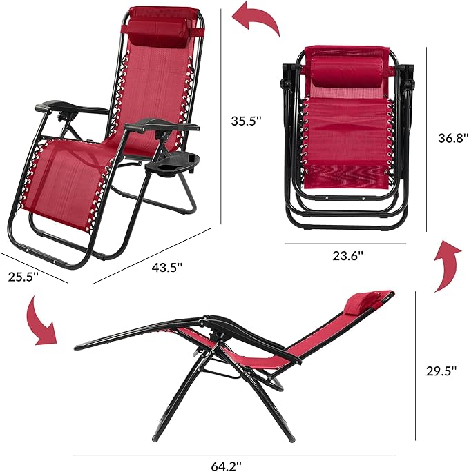 Elevon Zero Gravity Chair with Cup Holder & Removable Pillow, Adjustable Reclining Outdoor Patio Folding Chairs for Adults Portable Lounge Chair Furniture for Poolside, Lawn, Beach, Camping, Red