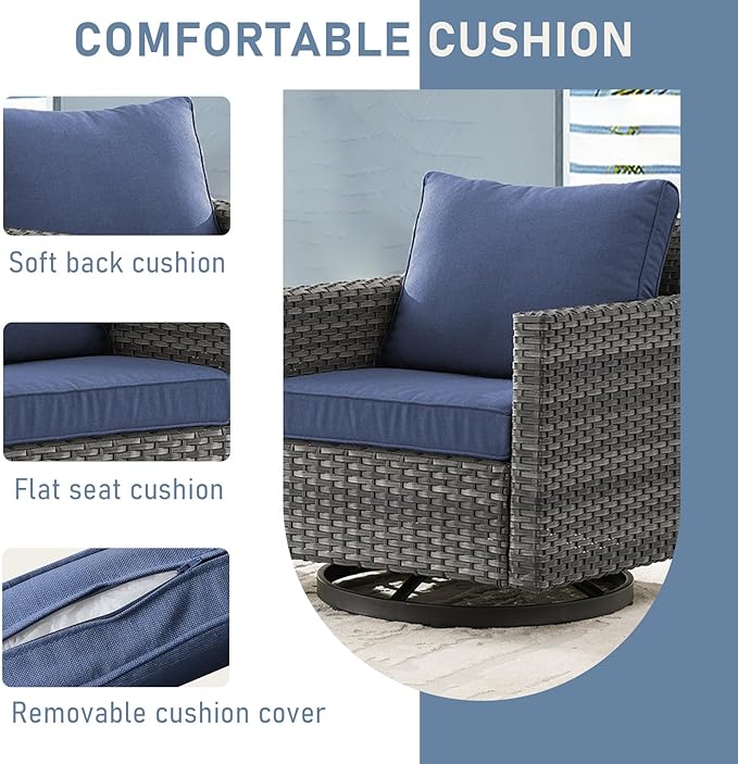 Luxury Outdoor Swivel Rocker Patio Chairs Set of 2, Swivel Patio Chairs for Porch, Yard, Deck, Poolside, Grey/Blue
