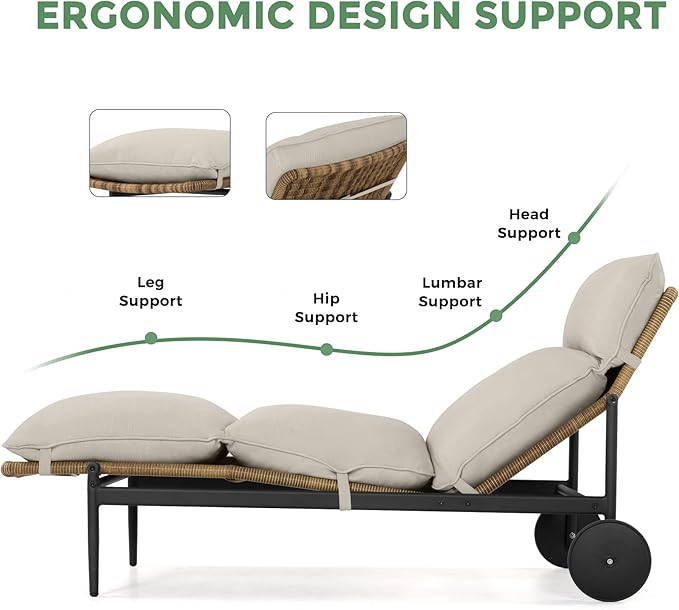 Chaise Lounge Set of 2 - PE Rattan Wicker Patio Pool Lounge Chair with Cushion and Wheels, Aluminum Waterproof Chaise Lounger for Poolside Backyard Deck Porch