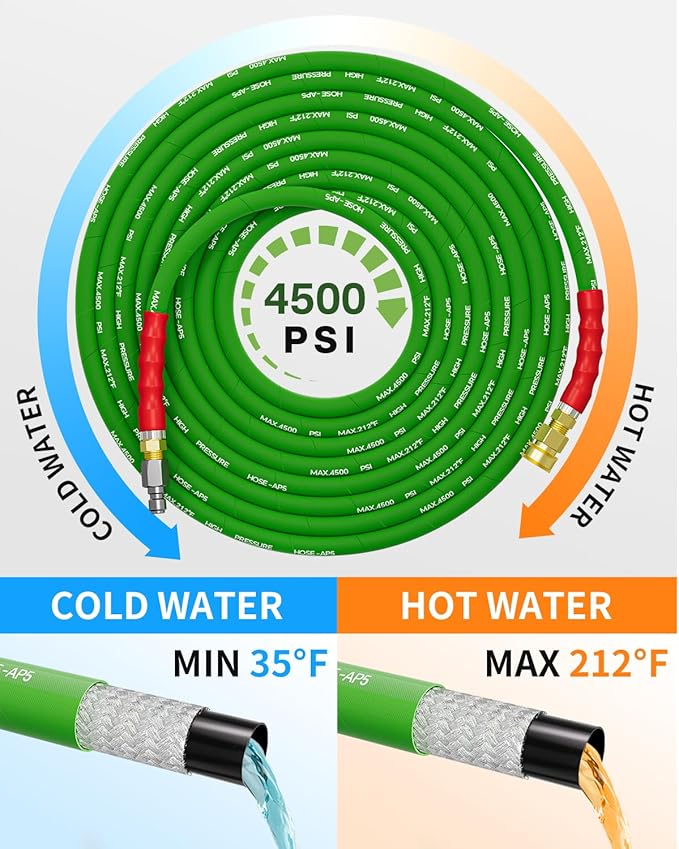 Pressure Washer Hose 200FT 3/8" for Cold and Hot Water 212°F, with Swivel Quick Connect, 4500PSI Kink Resistant Grade Steel Wire Braided, Power Washer Hose With 2pcs M22-14mm Adapter