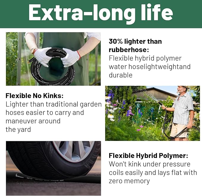 Short Garden Hose 10 ft x 5/8" Female to Female Hose Adapter, Heavy Duty Small Water Hose Extend Connector, Leak-Free Connections Hybrid Rubber Leader Hose with 3/4" Double GHT Fittings, BT10FF, Black