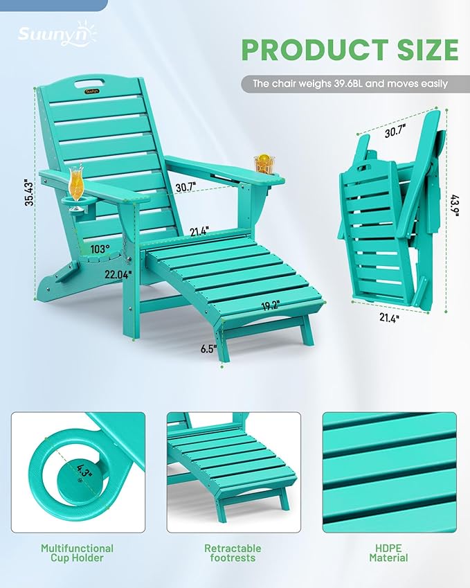 Folding Adirondack Chairs Set of 6,Adirondack Chair with Retractable Ottoman,Plastic Adirondack Chairs with 2 Cup Holder,Weather Resistant Patio Chair,Outdoor Chairs Set of 6(Lake Blue)