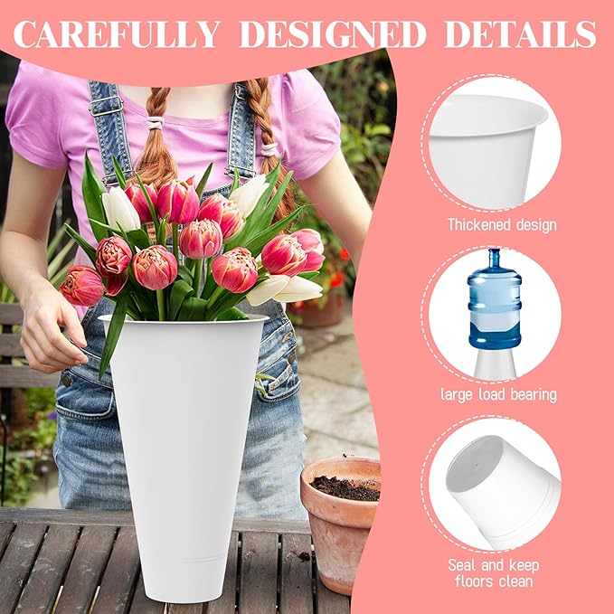 Flower Display Stand with Buckets, 4 Layers 16 PCS Plant Stand with Wheels, Movable Metal Plant Stand for Terrace Garden, Living Room, Florist Shop (Black Frame - White Buckets, 4-Tier)