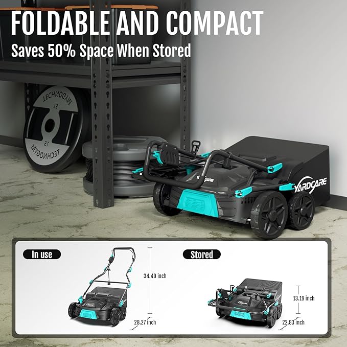 15Amp Lawn Dethatcher with 5-Position Depth Adjustment, 16-Inch 2-in-1 Dethatcher & Scarifier, 12-Gallon Collection Bag, Foldable Design for Easy Storage, Ideal for Lawn Care
