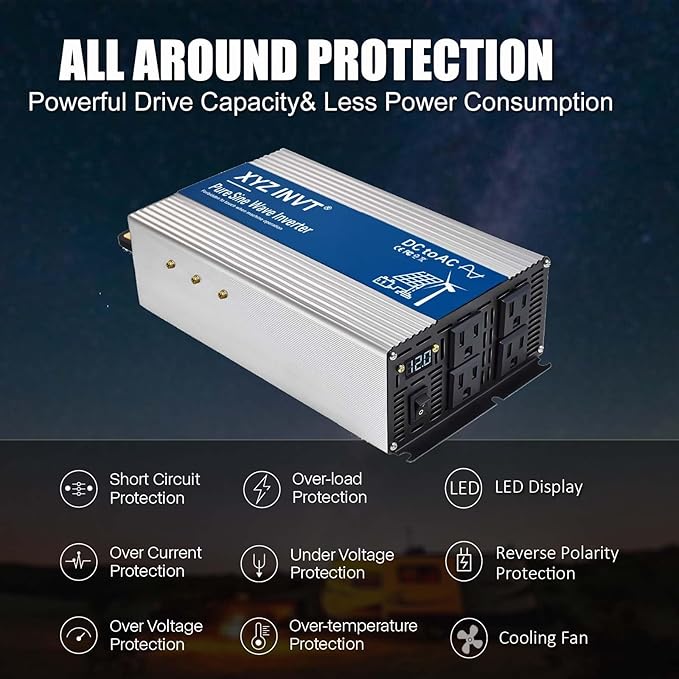2000W Pure Sine Wave Inverter DC 12V to AC 120V, 4000W Peak Power with LED Display, Power Converter for Car, Truck, Solar, Home & Rechargeable Devices