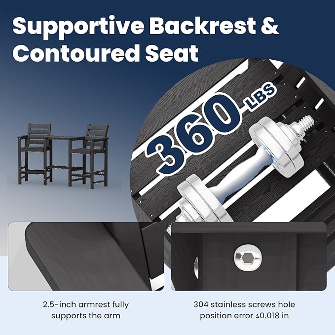 Tall Adirondack Chairs Set of 2, All Weather HDPE Poly Bar Height Balcony Adirondack Chair with Removable Double Connecting Trays, Outdoor Adirondack Barstools for Deck, Patio, Yard, Pool, Lawn