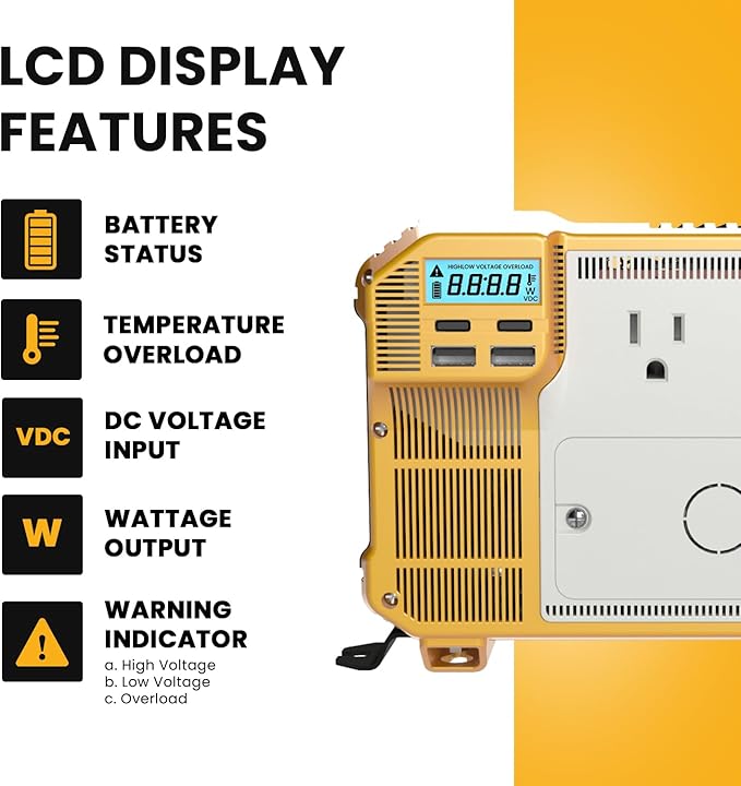 Krieger 4000W Modified Wave Inverter 12V DC to 120V AC Converter for RV, Truck, Off-Grid Solar Power Inverter 12V to 110V W/Built-in 5V/2.1A USB Port, AC Hardwire Port, Remote Cables Fuse Included
