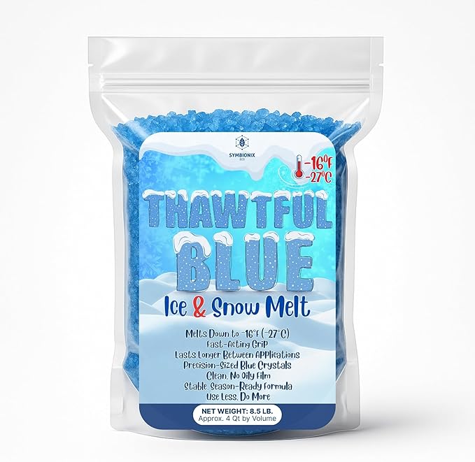 Thawtful Blue Ice & Snow Melt – Snow Melt, Rock Salt, Driveway & Sidewalk Salt for Ice, Blue Granular Rock Salt, Melts to −16°F (−27°C) – Resealable Zip Bag (4 QUARTS - 8.5 lb.)