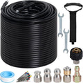 200FT Sewer Jetter Kit for Pressure Washer, 5800PSI Drain Cleaner Hose 1/4 Inch NPT Corner with 4 Sewer Jetting Nozzles，Waterproof Tape，Pearl Corsage Pin，Handle Strap & 2 Spanners (Black)