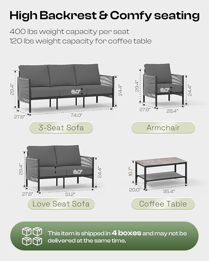 Aluminum Outdoor Patio Furniture Set, HDPE Rope 5 Piece Modern Sectional Conversation Sets with Dual-Layer Coffee Table, All Weather Patio Couch Sofa with Thick Cushions, Gray Frame, Charcoal