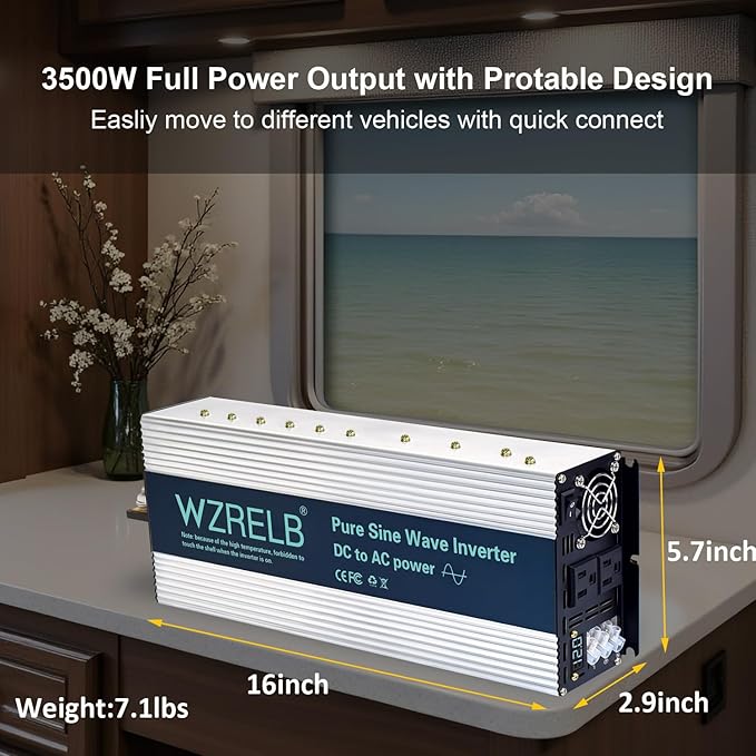 WZRELB 3500W Pure Sine Wave Inverter, Car Power Inverter 72V DC to 110V 120V AC Converter for RV, Truck, Solar, Outdoor with Dual AC Outlets, Hardwire Port, Surge 7000W, LED Display,Off-Grid