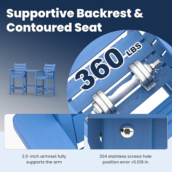 Tall Adirondack Chairs Set of 2, All Weather HDPE Poly Bar Height Balcony Adirondack Chair with Removable Double Connecting Trays, Outdoor Adirondack Barstools for Deck, Patio, Yard, Pool, Lawn