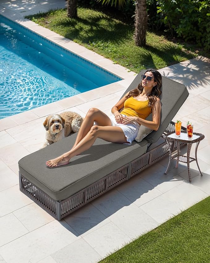 Luxury Outdoor Chaise Lounge Chairs of 2 with 5 Inch Thick Cushions and Side Table - 3 PCS High Back Brown Wicker Rattan Patio Recliners Lounger Furniture Set for Poolside Sunbathing - Grey