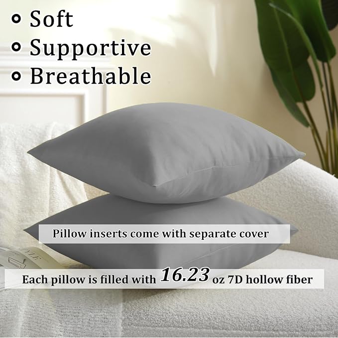 18" x 18" Throw Pillows, Outdoor Waterproof Pillows with Inserts, Square Decorative Pillows for Patio Furniture Garden Couch Sofa Home(Light Gray, Set of 2)