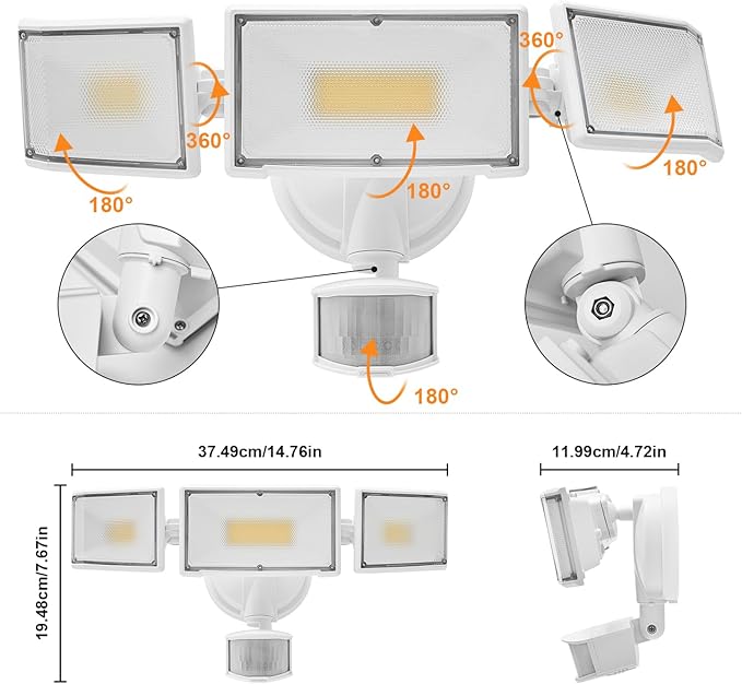 70W LED Security Lights with Motion Sensor Outdoor, 7000 Lumen Super Bright, 3000K/5000K Light, IP65 Waterproof, Dusk to Dawn, 3 Heads Motion Detected Flood Light Garage Yard Porch (White)