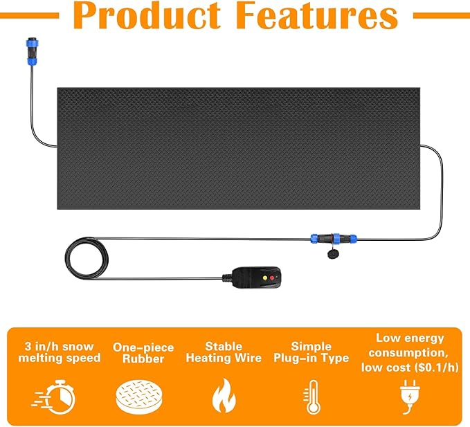 Snow Melting Mats Outdoor for Walkways, 20 x 60 2 Pack in No-Slip Heated Outdoor Mats with 10 ft Power Cord, 3 in/h Speed Snow and Ice Melting Pads for Winter Backyards Snow Removal