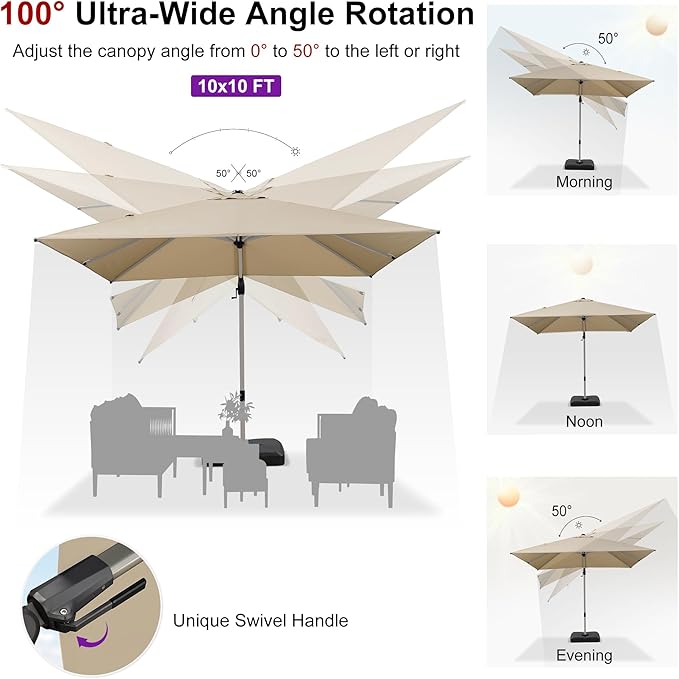 PURPLE LEAF 10' X 10' Left-right Tilting Patio Umbrella with Base Outdoor Swivel Cantilever Offset Aluminum Umbrella with Champagne Frame and 360-degree Rotation for Garden Deck Pool, Beige