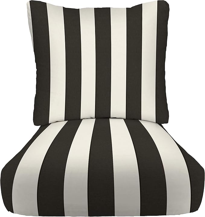 RSH DECOR: Deep Seating Cushion with Pillow Back | 25” x 25” Seat | Water and Fade-Resistant Spun Fabric | Outdoor Chair Cushion Set for Patio Furniture | Black & White Stripe