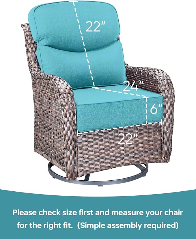Luxury 22x24/22x25 6-Inch Smile Outdoor Cushions for Patio 5 Piece Set - Set of 5 Zippered Outside Pillows for Wicker Dining Rocking Glider Loveseat Couch Sectional Sofa - Turquoise