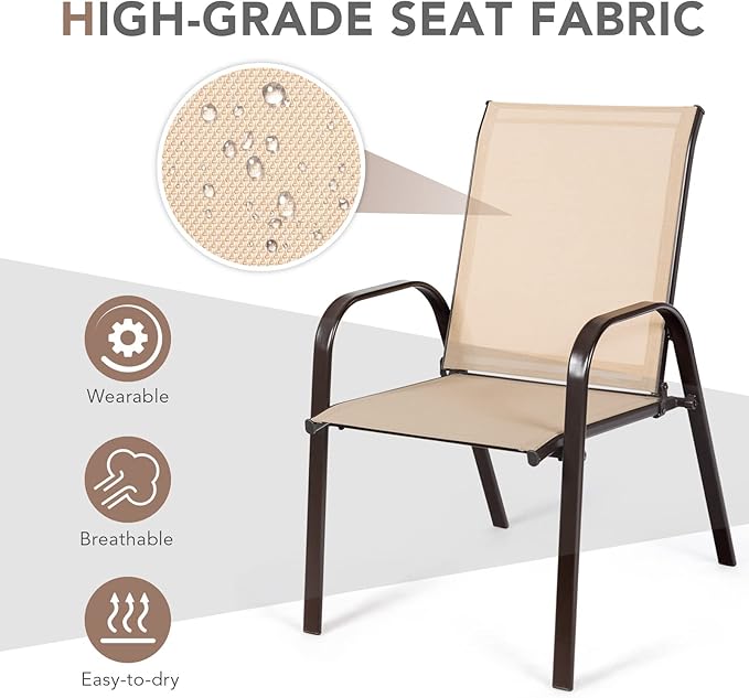 Tangkula 4 Piece Patio Dining Chairs, Outdoor Bistro Chairs W/Curved Armrests, Easy-to-Dry Fabric, Reinforced Steel Frame, Wide & Comfortable Camping Chairs for Garden, Poolside, Backyard (2, Beige)