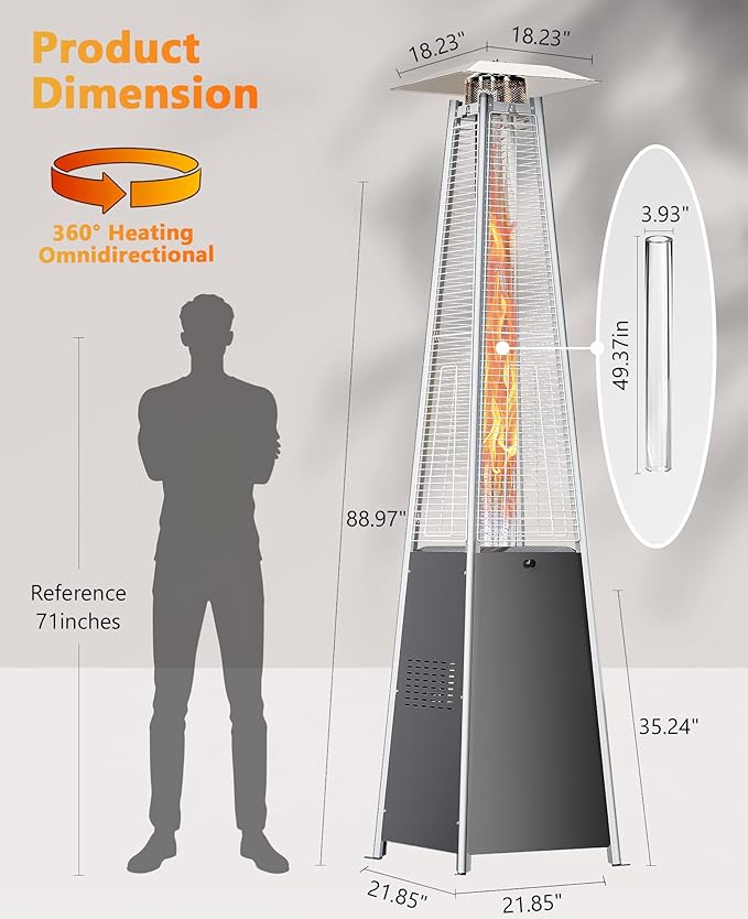 HUGROVE Pyramid Patio Heater for Large Area, 48,000 BTU Rapid Heating Outdoor Propane Heater With Wheels and Weatherproof Cover, Triple Protection System for Patio, Backyard, Garden, Pool (1 heater)