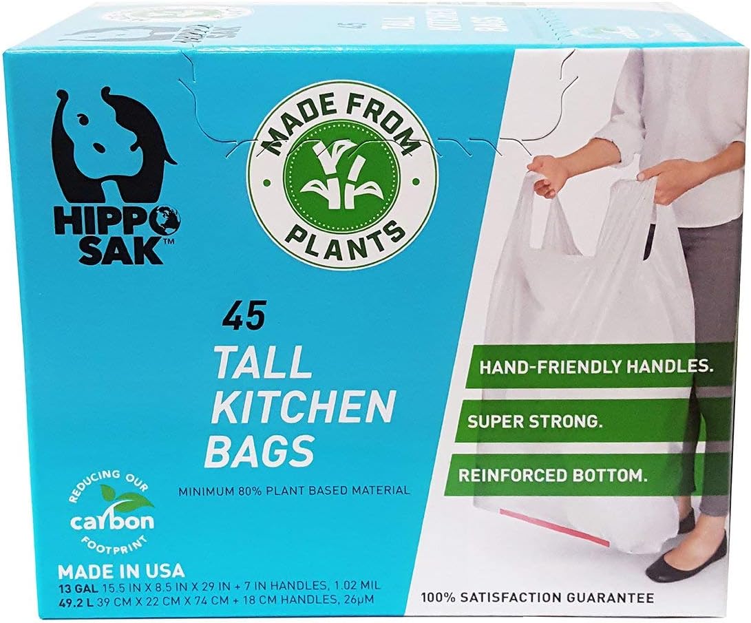 Hippo Sak - Plant Based Tall Kitchen Garbage Bags with Ergonomic Handles - 13 Gallon Trash Bags - Recyclable & Reduced Carbon Footprint - Super Strong and Leak Proof Tall Kitchen Trash Bags (45 Count)
