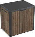Keter Signature Everwood 30 Gallon Resin Outdoor Storage Box and Patio Furniture Side Table for Pool and Garden Accessories, Walnut