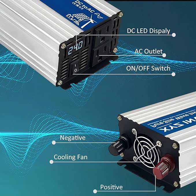 1000W Pure Sine Wave Power Inverter DC 24V to AC 110V/120V, 2000W Peak, Car/Truck Power Converter for Solar, Home, Vehicle & Rechargeable Devices with LED Display